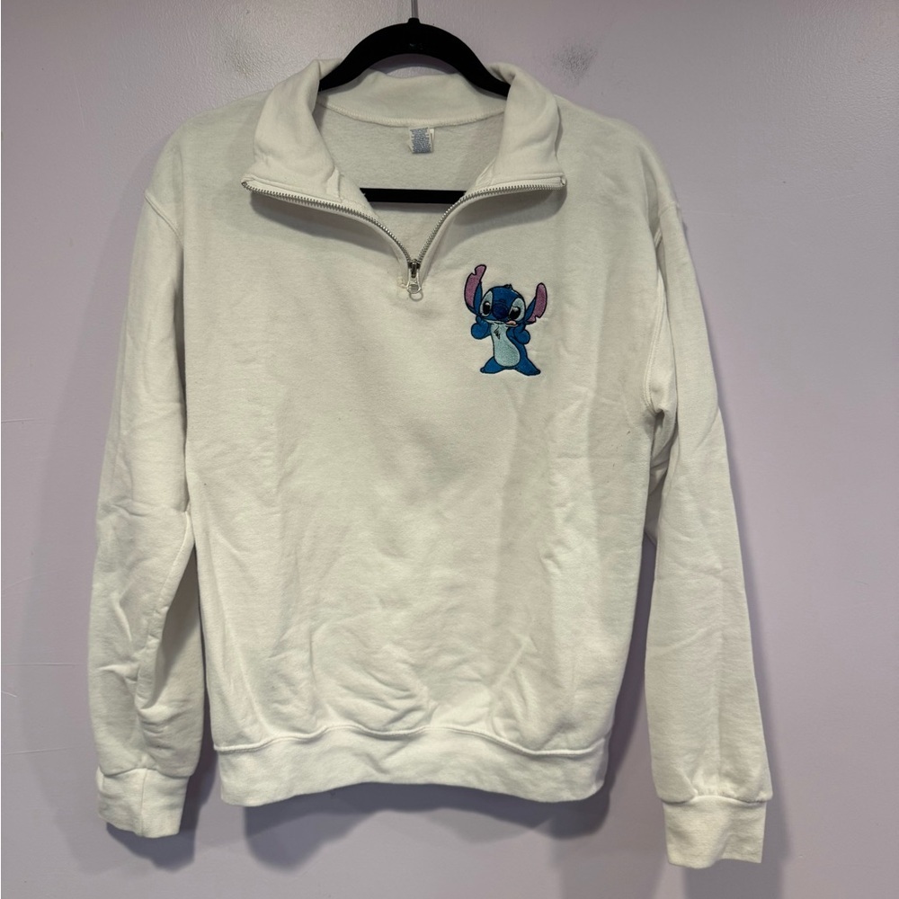 Disney Lilo and‎ Stitch Embroidered Quarter Zip White Sweatshirt Mens Small